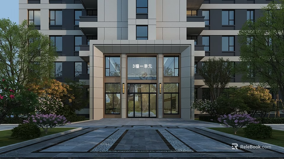 Modern Luxury Residential Entrance Gate With Glass Doors Stone Steps And Surrounding Greenery 3d model 