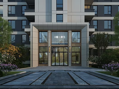 Modern Luxury Residential Entrance Gate With Glass Doors Stone Steps And Surrounding Greenery 3d model