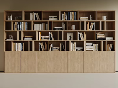 Modern Wooden Bookcase with Multiple Compartments Filled with Books and Decorative Items 3d model