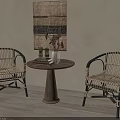 Rattan Leisure Chairs with Round Wooden Table and Woven Wall Tapestry on Wooden Floor