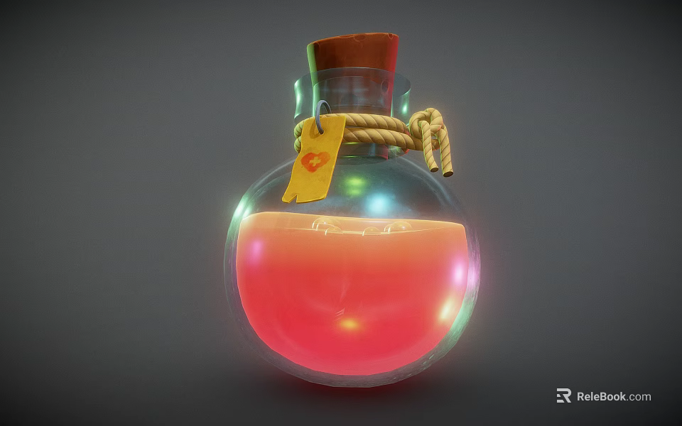 Glass Bottle With Cork Stopper Red Liquid Rope Tied Yellow Tag And Colorful Reflections 3d model 