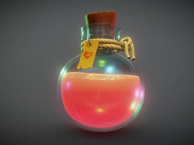 Glass Bottle With Cork Stopper Red Liquid Rope Tied Yellow Tag And Colorful Reflections 3d model