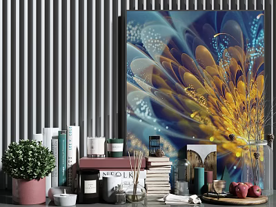 Decorative Ornament Set with Abstract Painting Green Plant Books Candles and Red Fruits 3d model
