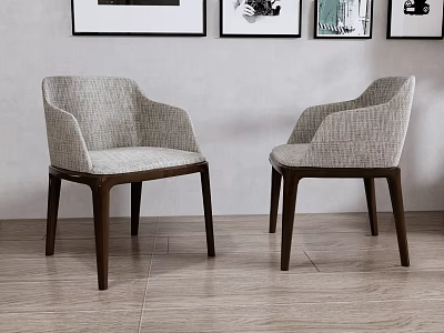 Two Light Gray Upholstered Accent Chairs with Armrests and Dark Wooden Legs 3d model