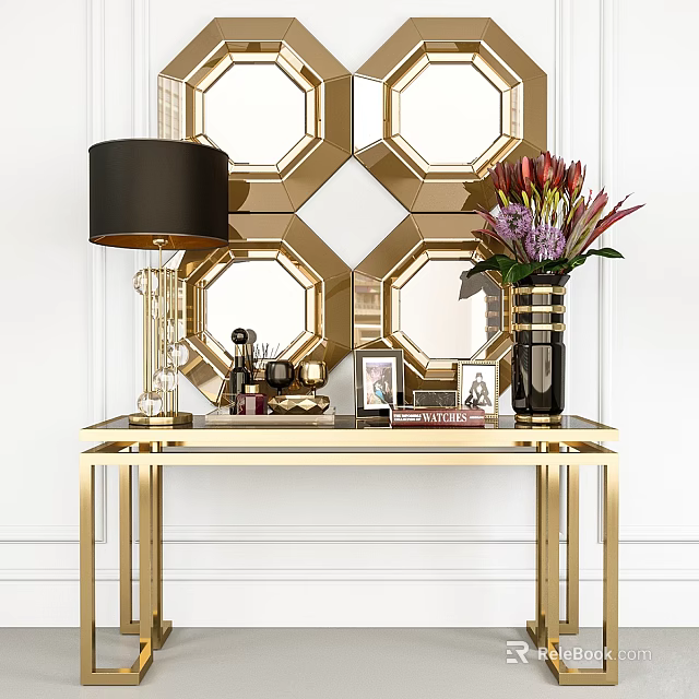 Gold Console Table With Black Lampshade Lamp Flower Vase Photo Frames And Geometric Mirror Wall 3d model 