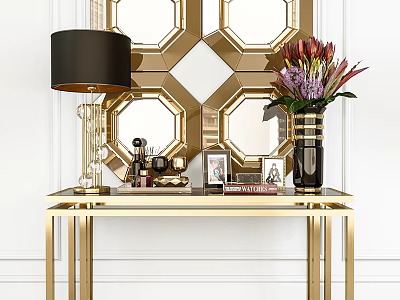 Gold Console Table With Black Lampshade Lamp Flower Vase Photo Frames And Geometric Mirror Wall 3d model