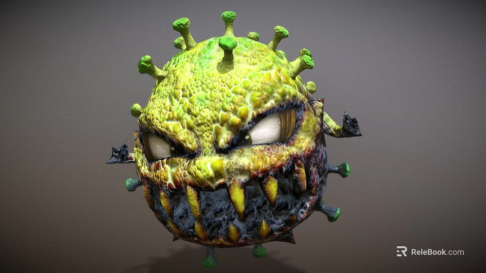 3D Rendered Virus Model With Green Spikes Yellow Green Surface Menacing Eyes And Sharp Fangs 3d model 