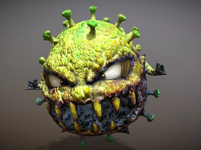 3D Rendered Virus Model With Green Spikes Yellow Green Surface Menacing Eyes And Sharp Fangs 3d model