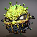 3D Rendered Virus Model With Green Spikes Yellow Green Surface Menacing Eyes And Sharp Fangs