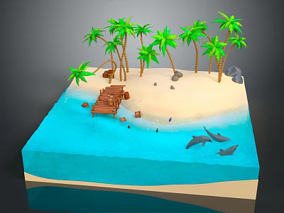 Tropical Garden Landscape Featuring Palm Trees Sandy Beach Wooden Deck Blue Water And Dolphins 3d model