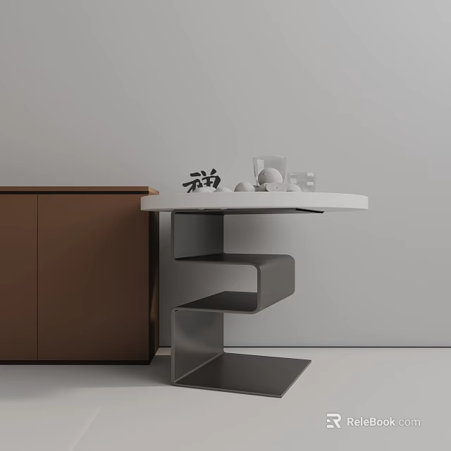 Modern Side Table With White Tabletop And Black Spiral Metal Base Next To Brown Cabinet 3d model 