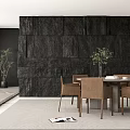 Modern Restaurant Interior with Black Stone Wall Round Dining Table Brown Chairs and Green Plants