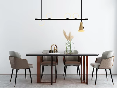 Modern Dining Table Set With Four Chairs Hanging Lights And Decorative Vase 3d model