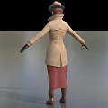 Female Game Movie Character in Beige Trench Coat Hat Red Skirt Black Gloves Brown Boots