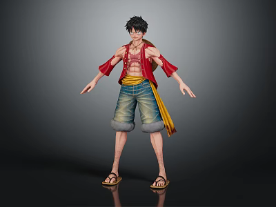 3D Humanoid Character Figure With Black Hair Red Sleeveless Top Blue Shorts And Sandals Standing 3d model