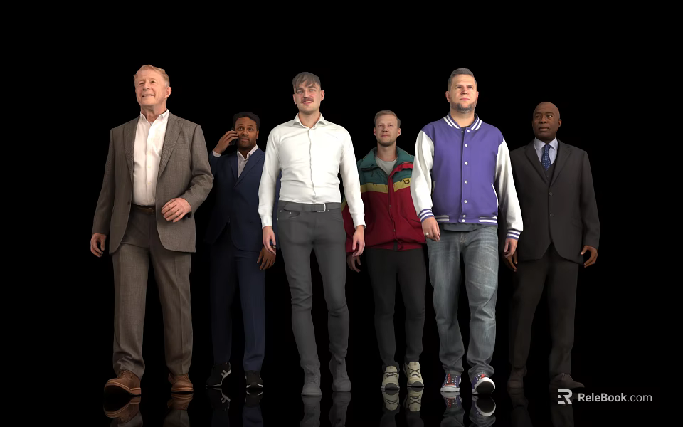 Men Standing Together In Different Styles Of Clothing Against Black Background 3d model 