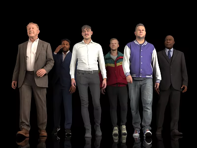 Men Standing Together In Different Styles Of Clothing Against Black Background 3d model