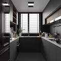 Modern Kitchen Interior With Black Cabinets Island Countertop And Appliances