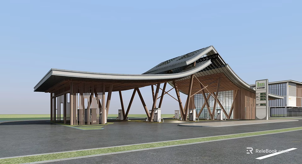Contemporary Architectural Structure With Curved Roof Wooden Supports And Glass Facade 3d model 
