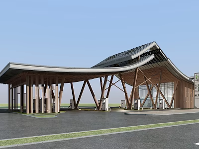 Contemporary Architectural Structure With Curved Roof Wooden Supports And Glass Facade 3d model