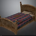Traditional Wooden Bed With Carved Headboard Footboard Plaid Blanket And Pillows