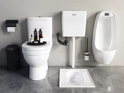 Clean Modern Toilet In Bathroom With Toiletries Toilet Paper Holder And Trash Can 3d model