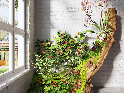 Indoor Landscape Featuring Lush Green Plants Colorful Flowers and Tree Trunk Against White Brick Wall 3d model