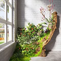 Indoor Landscape Featuring Lush Green Plants Colorful Flowers and Tree Trunk Against White Brick Wall