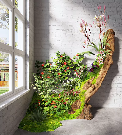 Indoor Landscape Featuring Lush Green Plants Colorful Flowers and Tree Trunk Against White Brick Wall 3d model