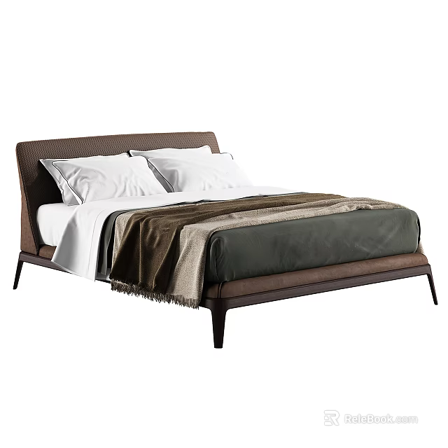 Modern Double Bed With Upholstered Brown Headboard White Sheets And Dark Brown Blanket 3d model 