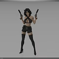 Woman Holding Two Guns Wearing Black Outfit Short Shorts and Thigh High Socks
