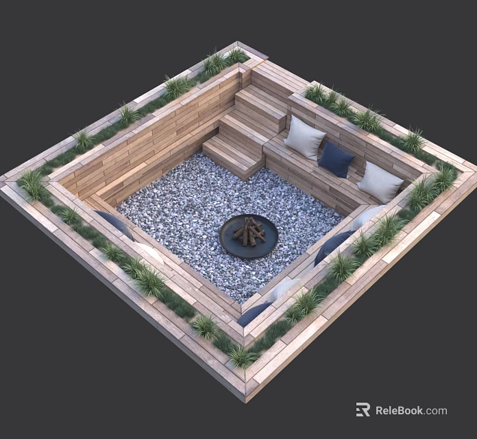 Outdoor Sofa With Cushions Wooden Frame Fire Pit Gravel Floor And Green Plants 3d model 