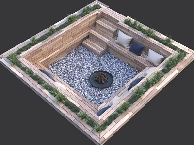 Outdoor Sofa With Cushions Wooden Frame Fire Pit Gravel Floor And Green Plants 3d model