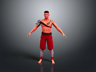 Shirtless Man 3D Render With Red Shorts Arm Armor Tattoos Standing On Gray Background 3d model