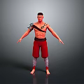 Shirtless Man 3D Render With Red Shorts Arm Armor Tattoos Standing On Gray Background