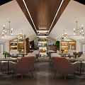 Modern Lounge Area Interior With Wooden Bar Counter High Stools Hanging Lights And Green Plant