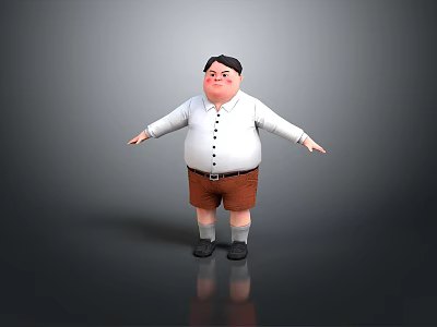 Chubby Cartoon Man In White Shirt Brown Shorts With Arms Outstretched On Gray Background 3d model