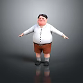 Chubby Cartoon Man In White Shirt Brown Shorts With Arms Outstretched On Gray Background