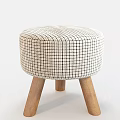 Round Ottoman Stool With Checkered Fabric Upholstery And Wooden Legs