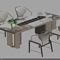 Modern Tea Table Set with Marble Top Four Gray Cushioned Chairs and Teacups 3d model