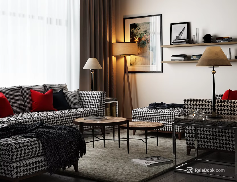 Classic Houndstooth Sofa And Coffee Table Set With Red Pillows And Floor Lamps 3d model 
