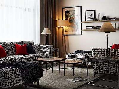 Classic Houndstooth Sofa And Coffee Table Set With Red Pillows And Floor Lamps 3d model