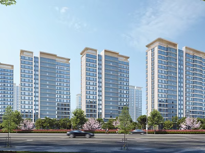 High Rise Residential Buildings Modern Exterior Design With Trees Flowers Along Road And Cars 3d model