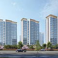 High Rise Residential Buildings Modern Exterior Design With Trees Flowers Along Road And Cars