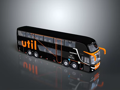 Black Double Decker Bus with Orange Accents Util Branding Modern Exterior Design and Reflective Surface 3d model