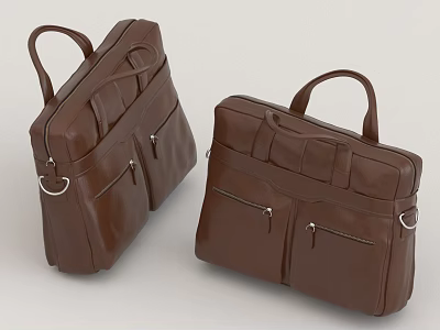 Two Classic Brown Leather Briefcases Featuring Zipper Pockets And Sturdy Handles 3d model