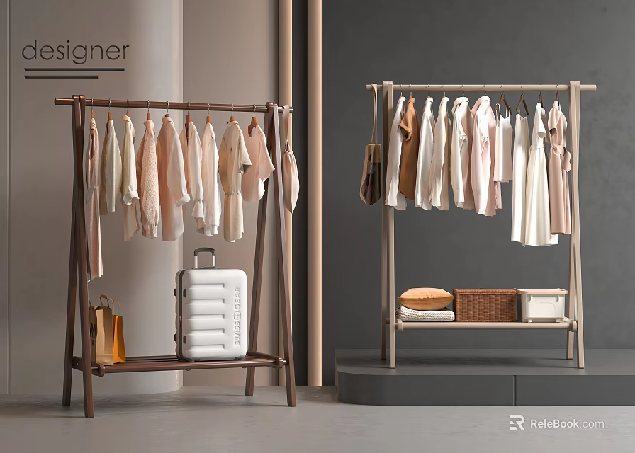 Designer Wooden Clothes Rack with Hanging Clothes Suitcase Bag and Folded Clothes Basket Box 3d model 