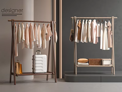 Designer Wooden Clothes Rack with Hanging Clothes Suitcase Bag and Folded Clothes Basket Box 3d model