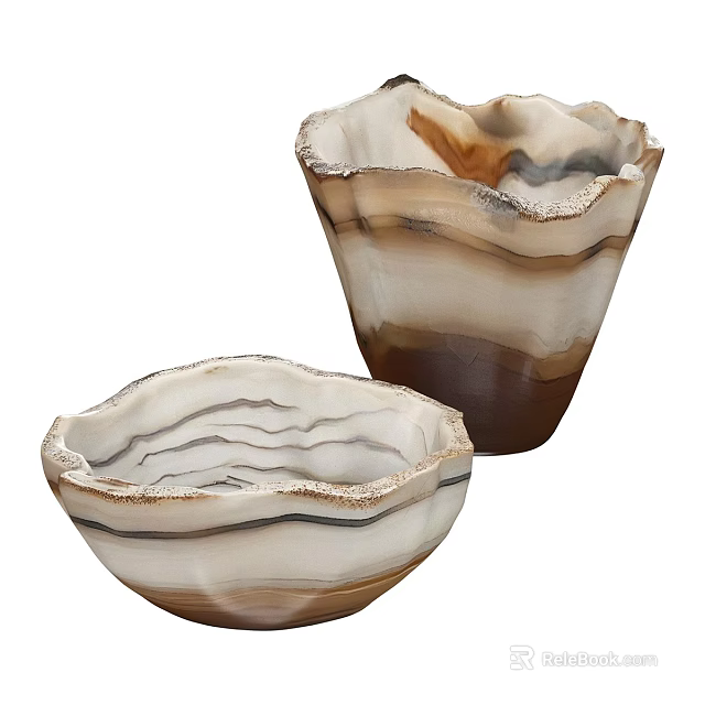 Modern Agate Pattern Tableware Set Featuring Bowl and Cup with Brown White Natural Texture 3d model 