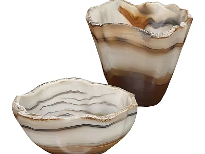 Modern Agate Pattern Tableware Set Featuring Bowl and Cup with Brown White Natural Texture 3d model